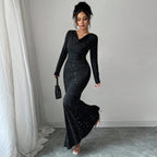 Swing collar hot stamping elastic long sleeved fishtail skirt