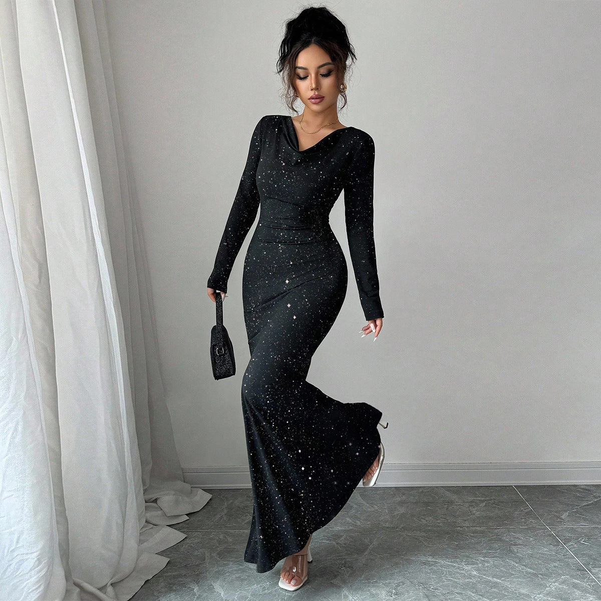 Swing collar hot stamping elastic long sleeved fishtail skirt