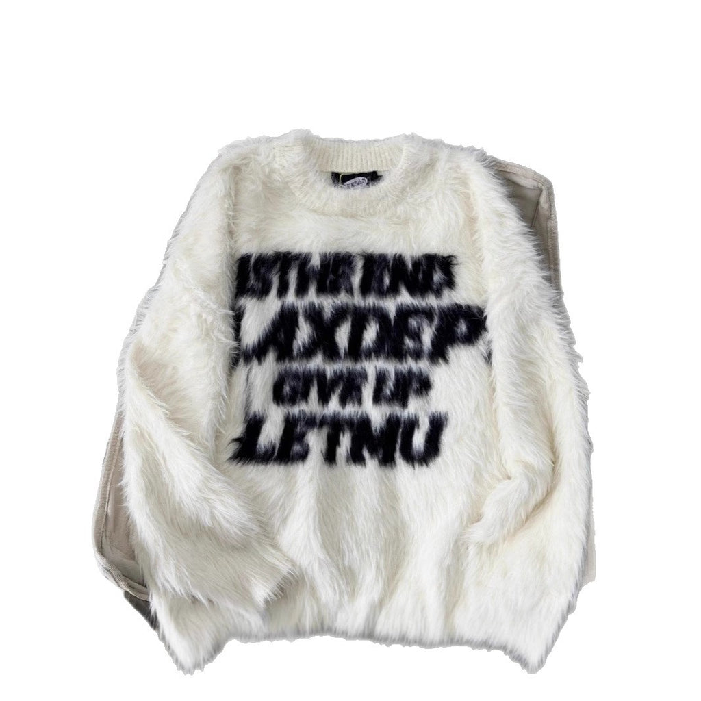 Loose letter imitation mink fur lazy style round neck knitted sweater