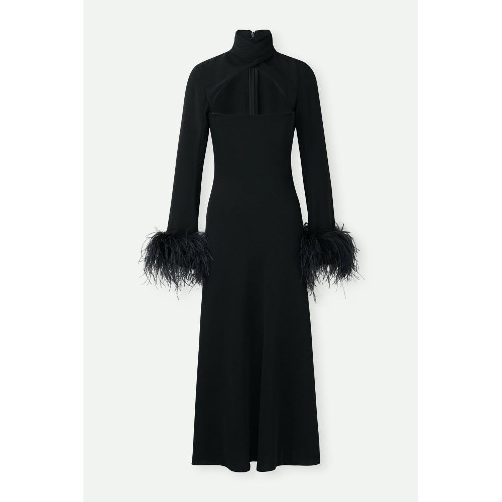 16AR Customized  Women Black Ostrich Feather Trimmed Sleeve Cut-out Black Midi Party Dress High Quality Evening Wedding Dress
