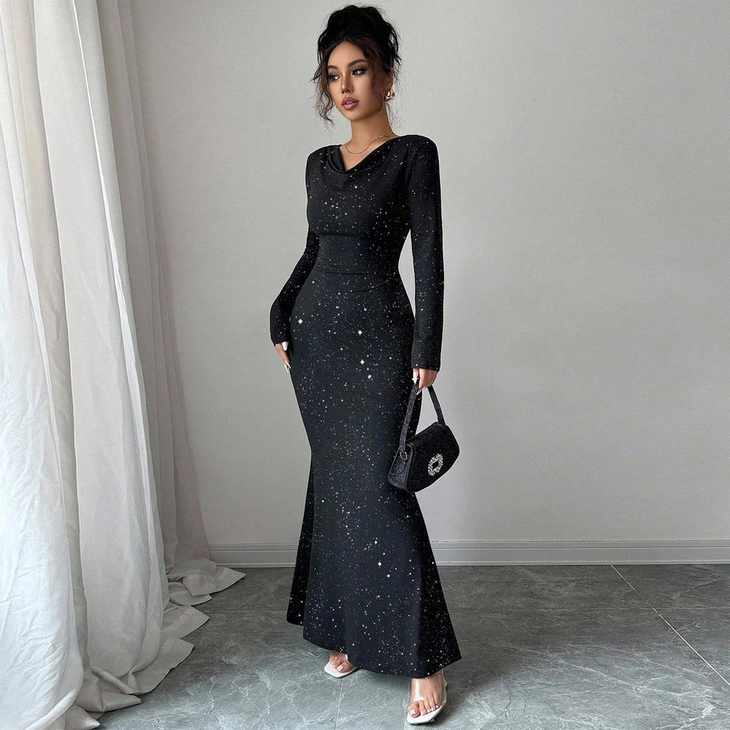 Swing collar hot stamping elastic long sleeved fishtail skirt