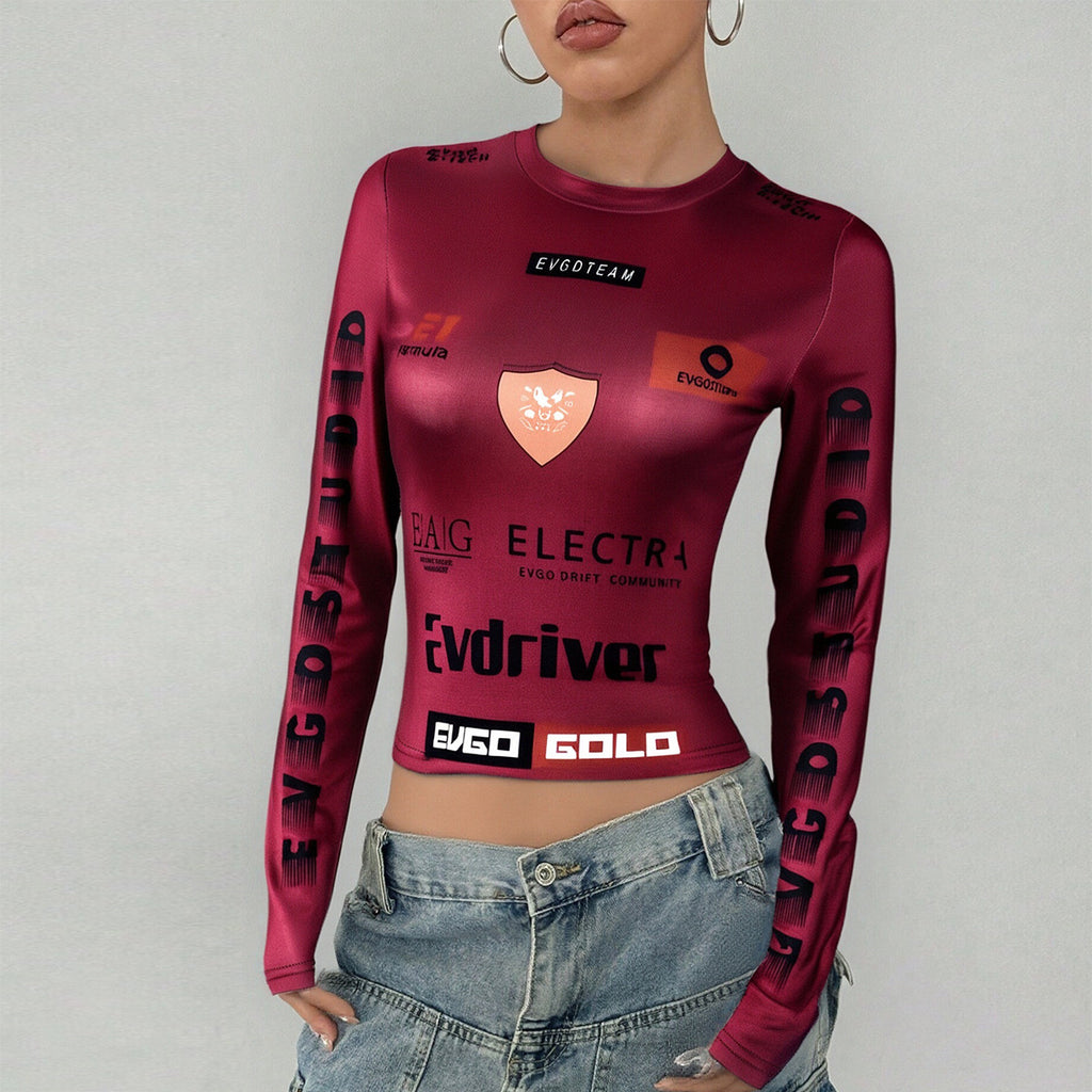 Open navel printed elastic round neck long sleeved top