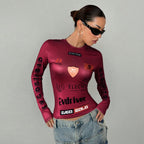 Open navel printed elastic round neck long sleeved top