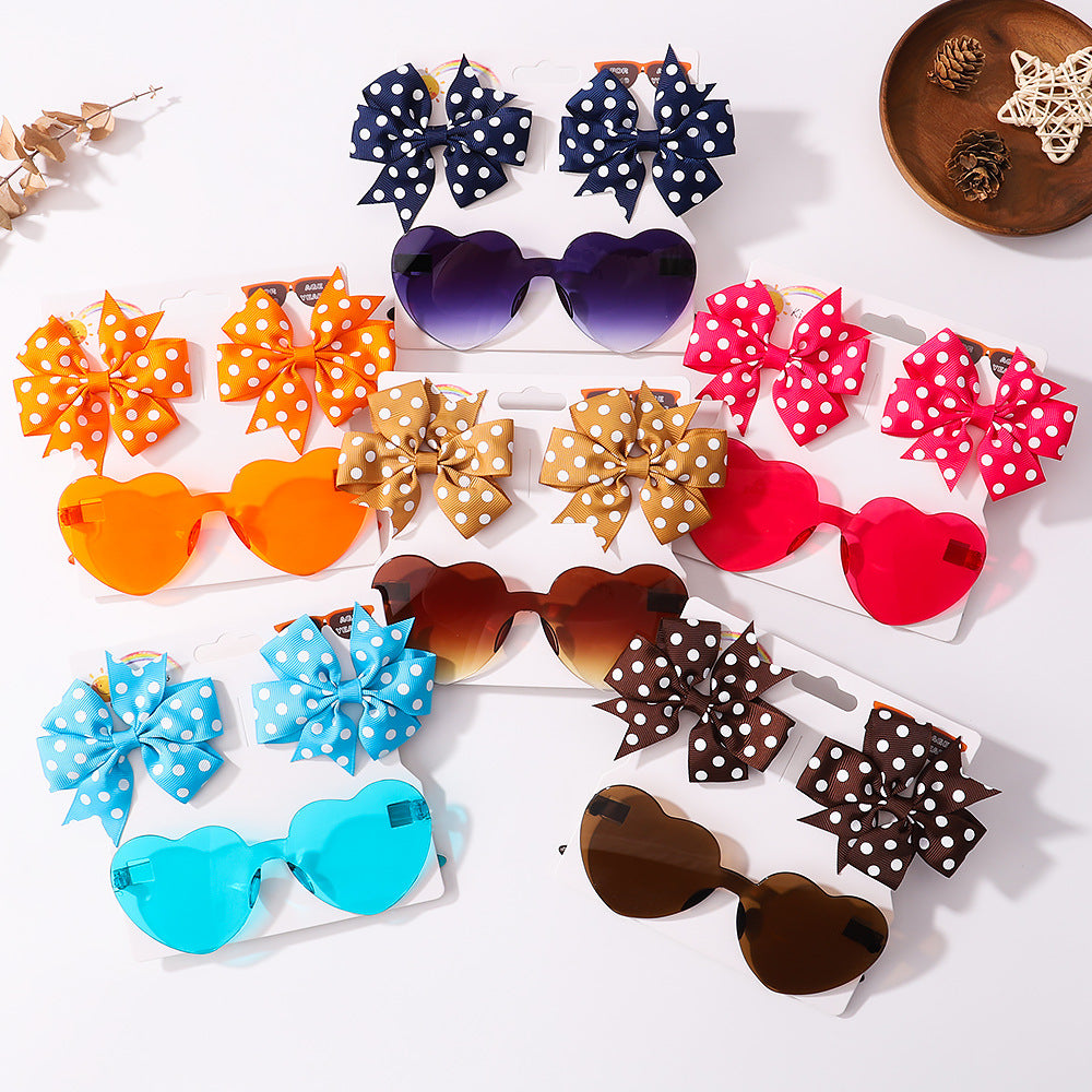 Kids' Accessories Printed Ribbed Ribbon Bow Hair Clip Sunglasses Set Headwear