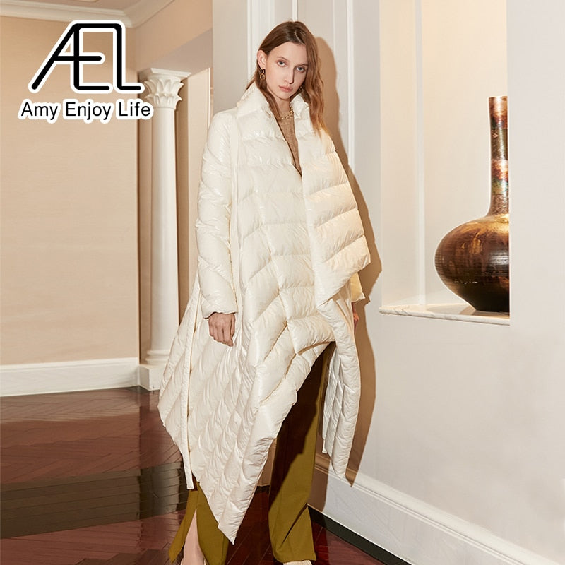 AEL Belt Down Jacket Women Winter Irregular Long Coat Fashion Parka Lady Streetwear High Quality