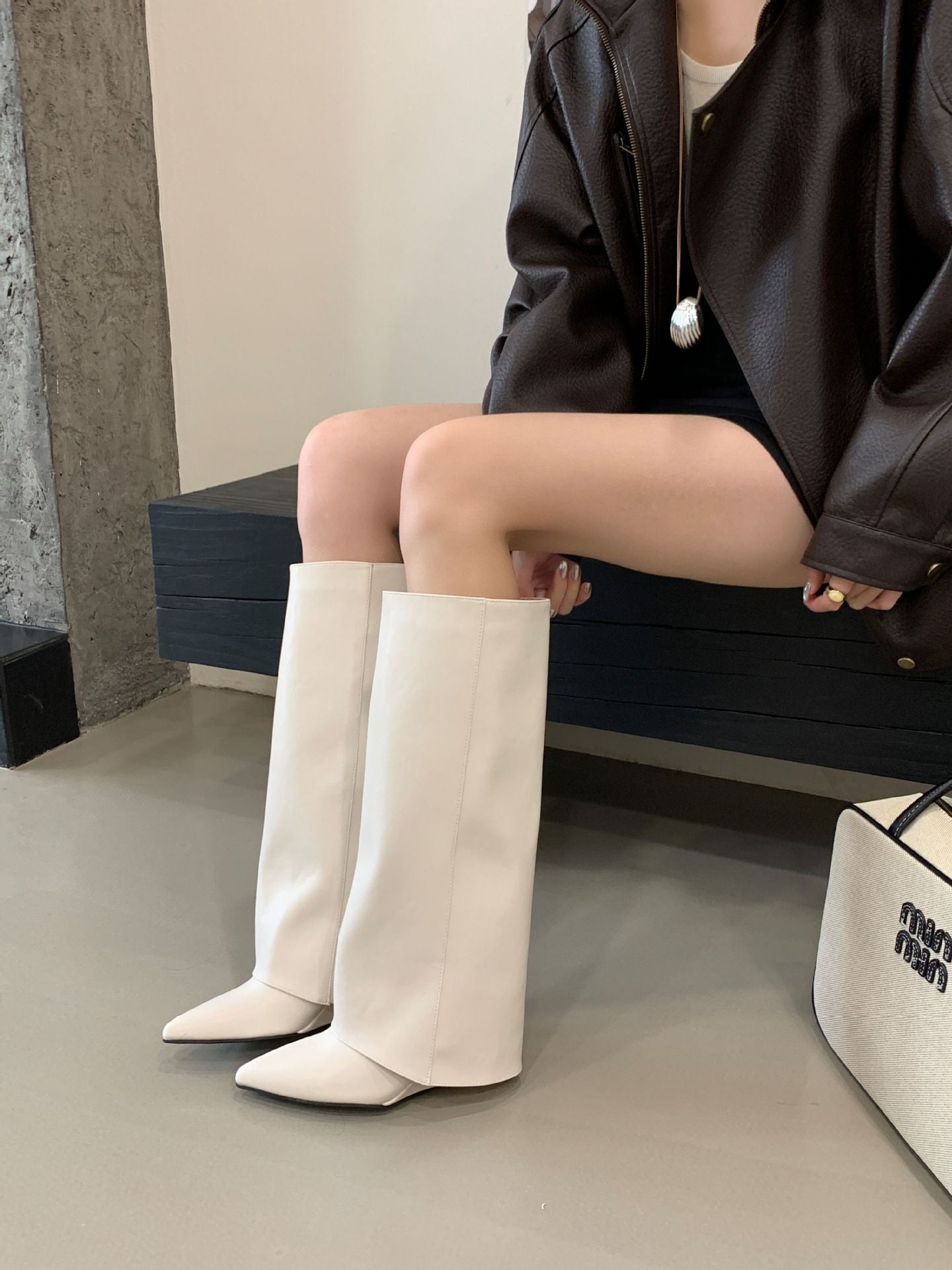 Fashionable Square Toe Slimming Versatile Flat Mid-Heel Elegant French Style Over-the-Knee Boots for Women