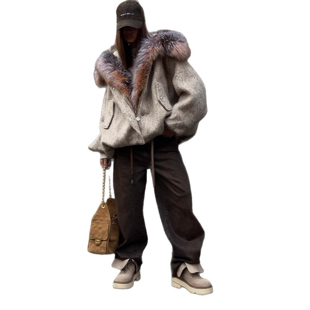 Stylish Colorful Large Fur Collar Short Wool Coat for Women