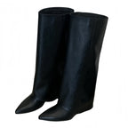 Fashionable Square Toe Slimming Versatile Flat Mid-Heel Elegant French Style Over-the-Knee Boots for Women