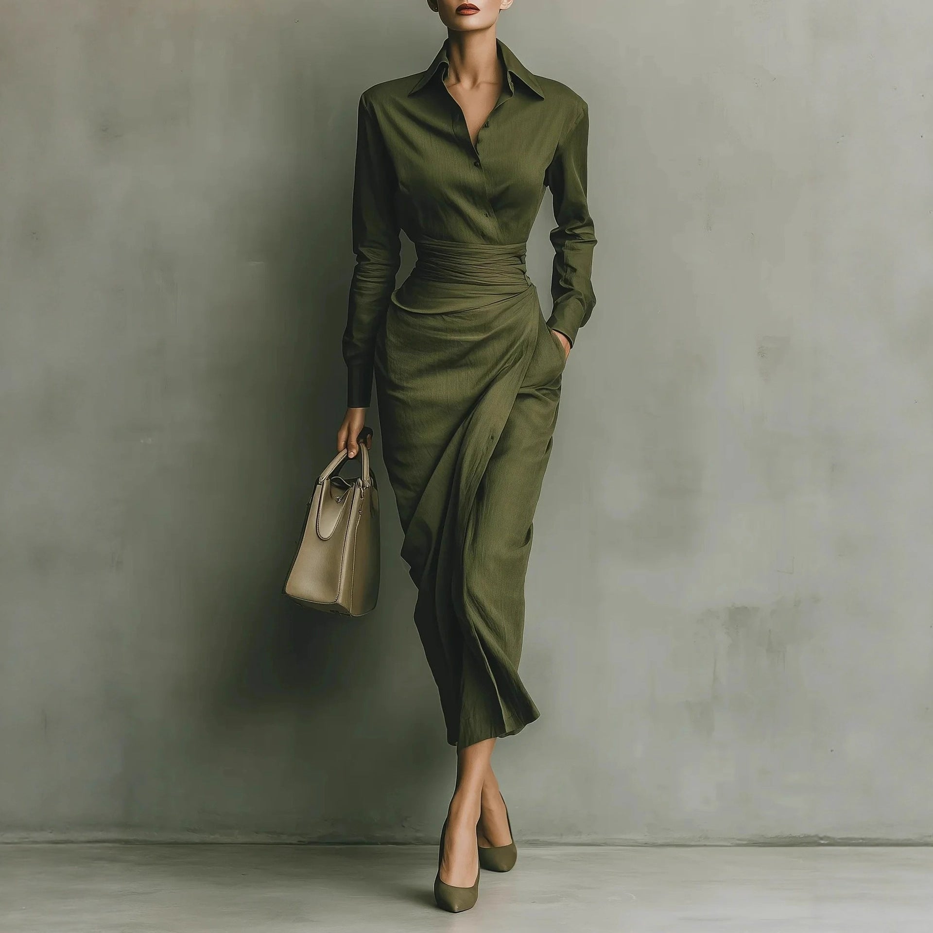 Chic Office-Friendly Fitted Asymmetric Long Sleeve Shirt Dress