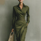 Chic Office-Friendly Fitted Asymmetric Long Sleeve Shirt Dress