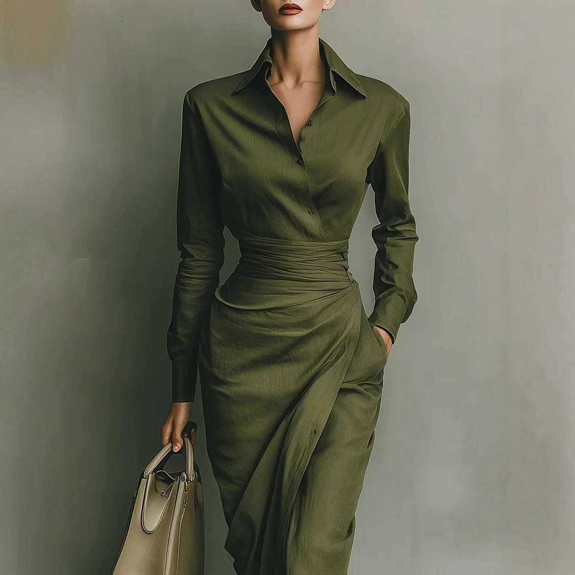 Chic Office-Friendly Fitted Asymmetric Long Sleeve Shirt Dress