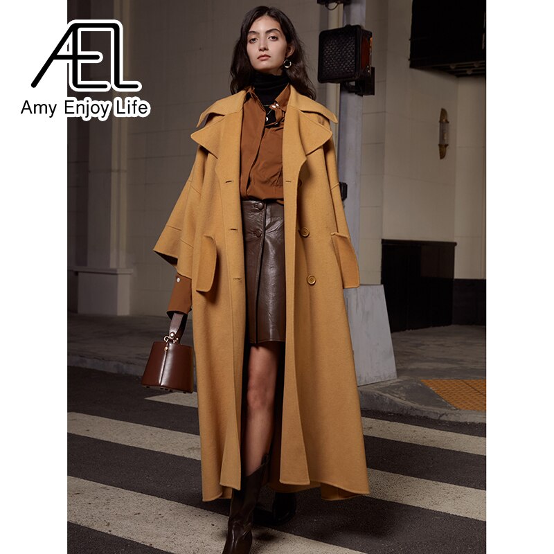 High End Customized Gardenia Yellow Big Cuffs Design Double-Sided Wool Coat Autumn And Winter New Women