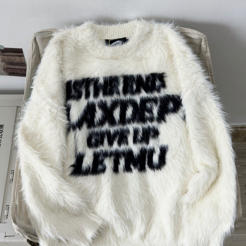 Loose letter imitation mink fur lazy style round neck knitted sweater
