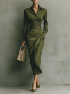 Chic Office-Friendly Fitted Asymmetric Long Sleeve Shirt Dress