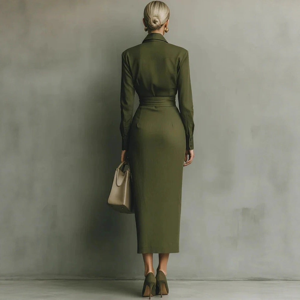 Chic Office-Friendly Fitted Asymmetric Long Sleeve Shirt Dress