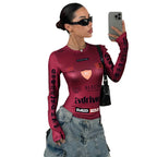 Open navel printed elastic round neck long sleeved top