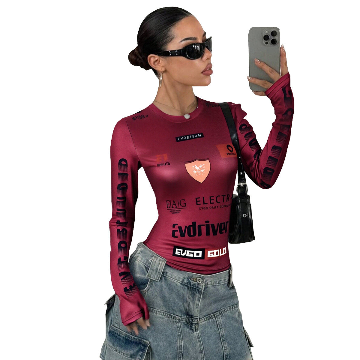 Open navel printed elastic round neck long sleeved top