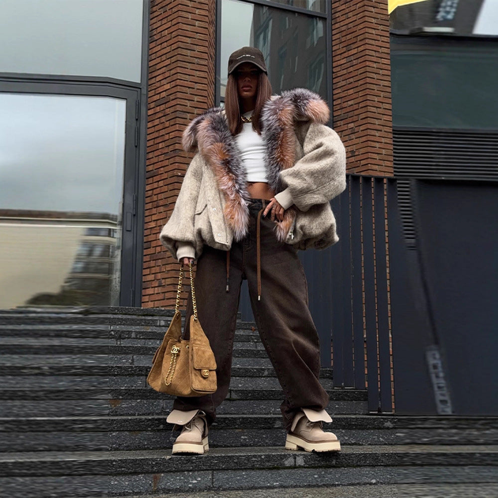 Stylish Colorful Large Fur Collar Short Wool Coat for Women