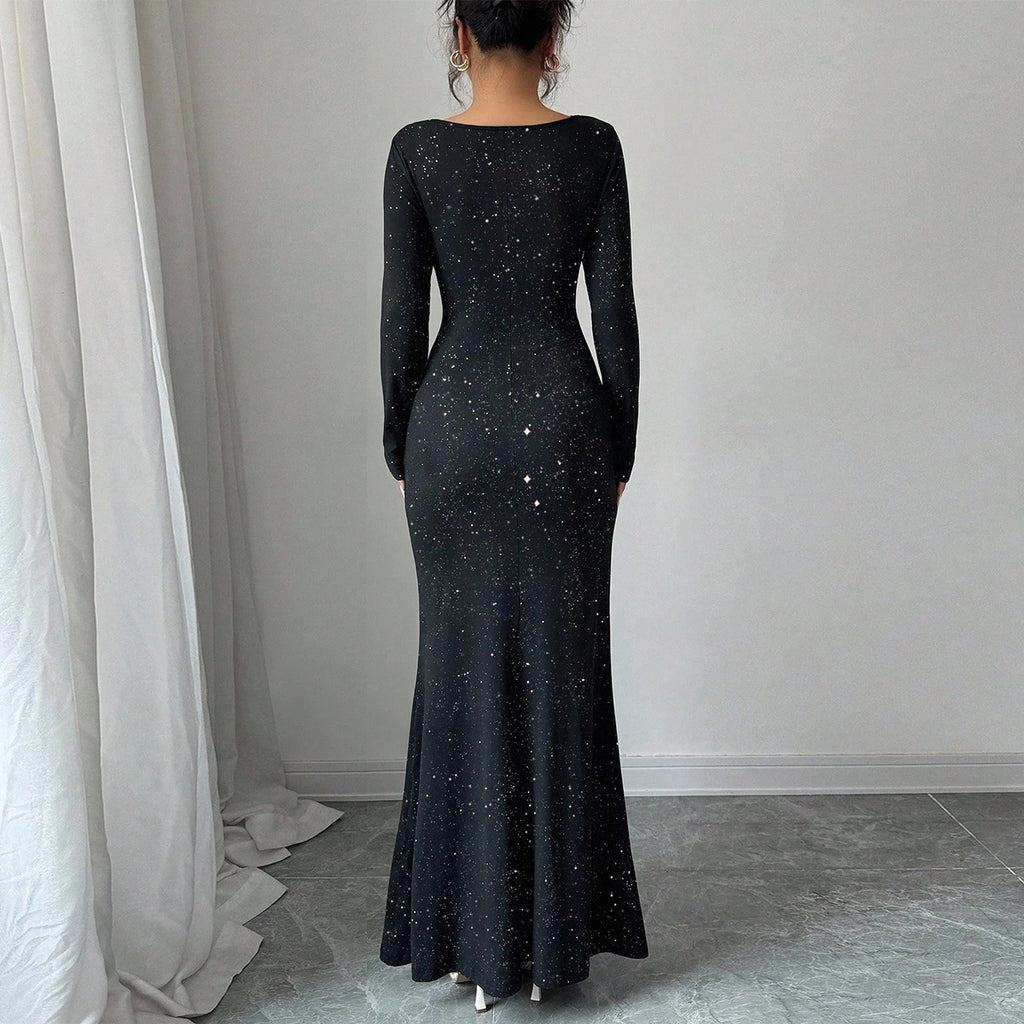 Swing collar hot stamping elastic long sleeved fishtail skirt