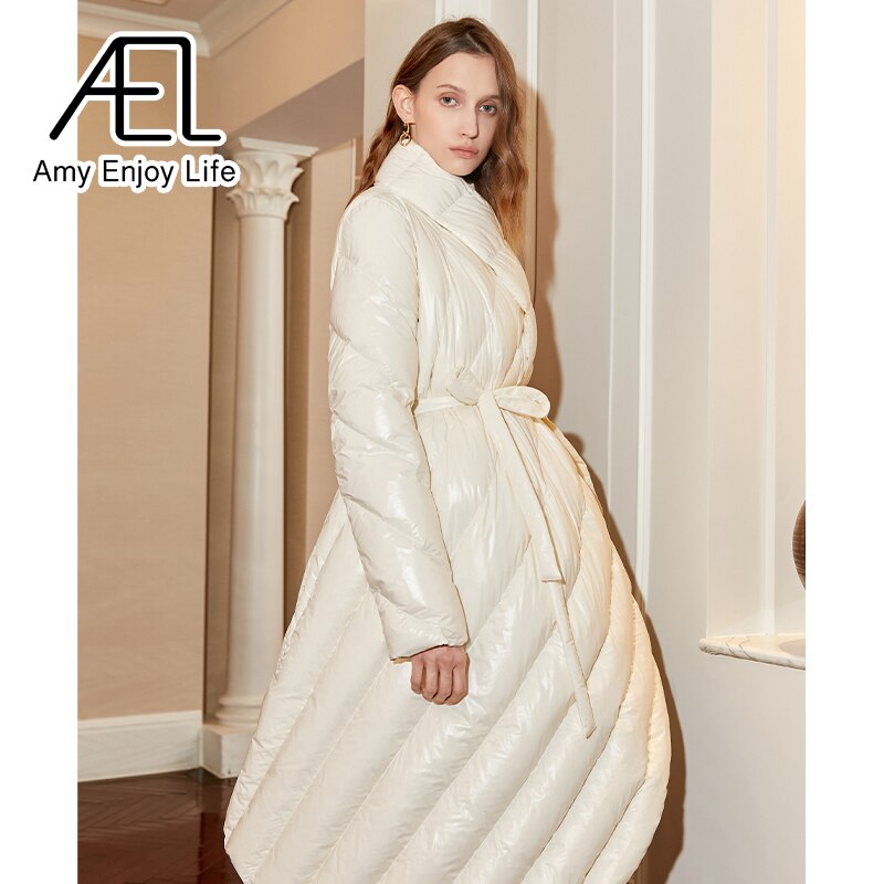 AEL Belt Down Jacket Women Winter Irregular Long Coat Fashion Parka Lady Streetwear High Quality