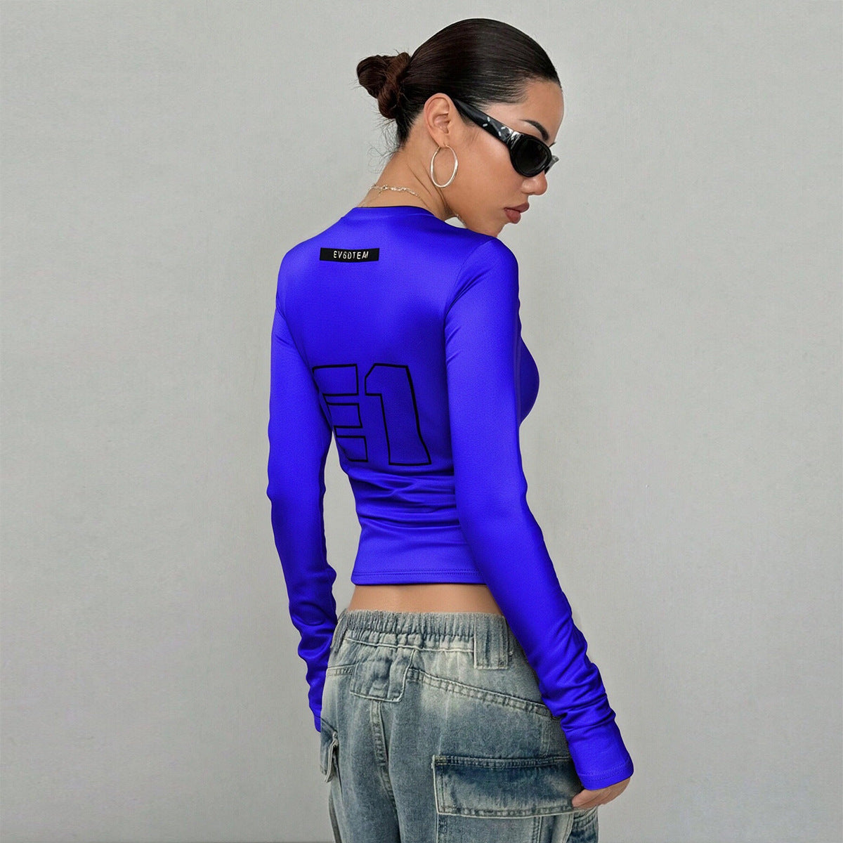 Open navel printed elastic round neck long sleeved top