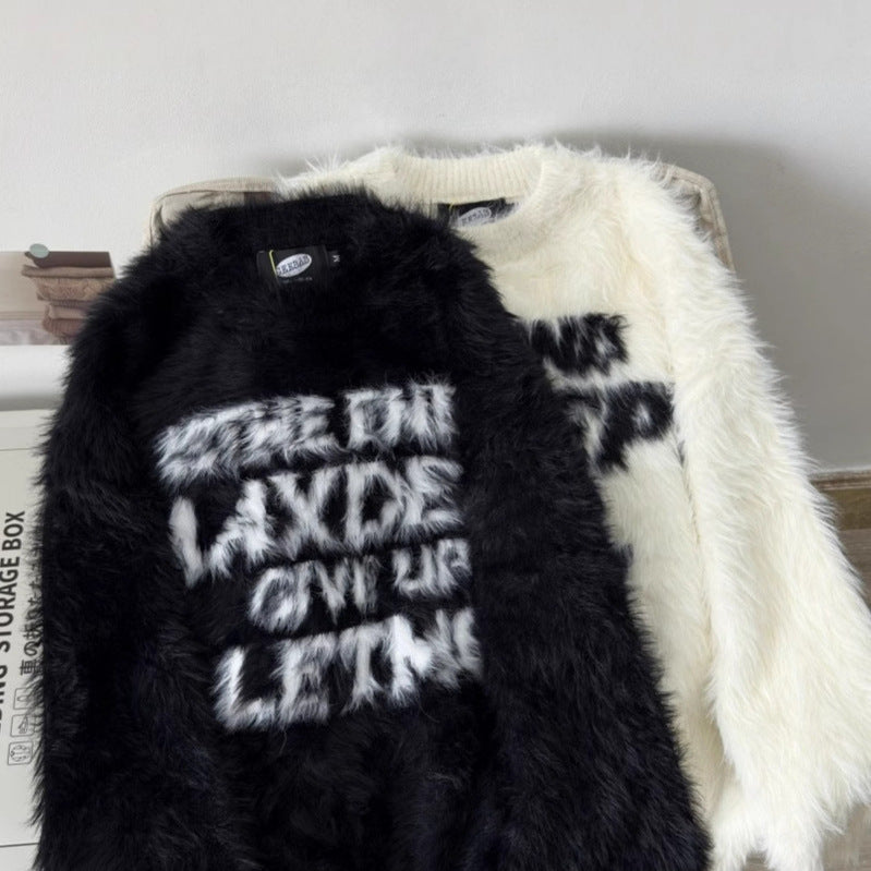 Loose letter imitation mink fur lazy style round neck knitted sweater
