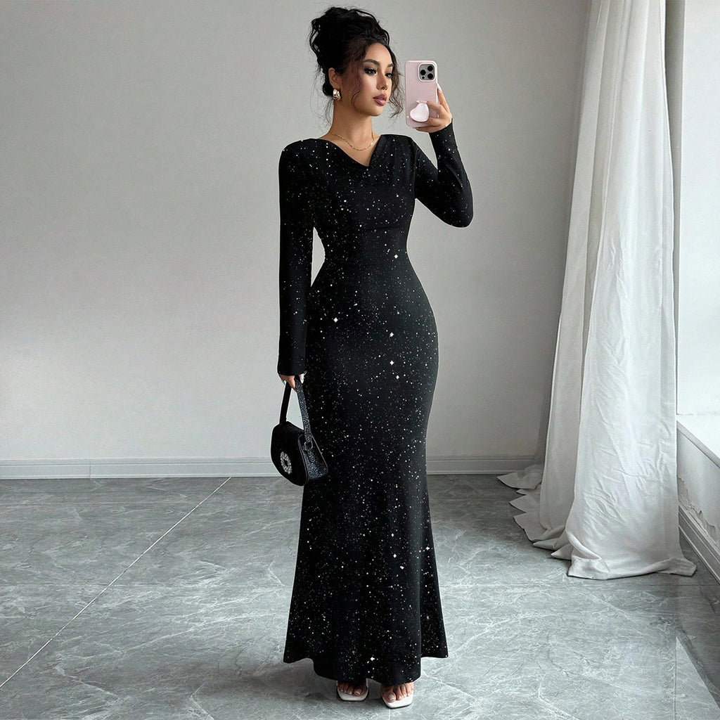 Swing collar hot stamping elastic long sleeved fishtail skirt