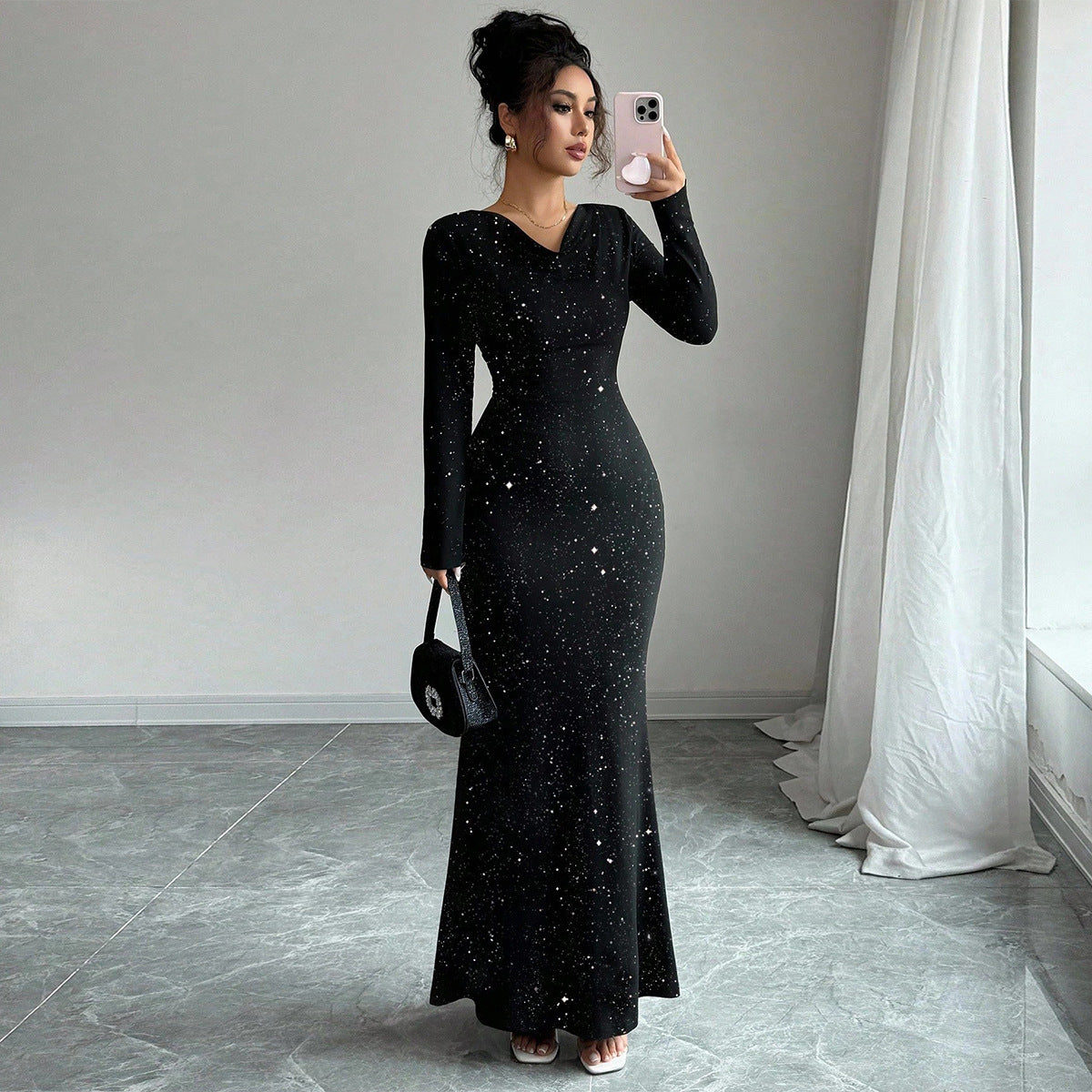 Swing collar hot stamping elastic long sleeved fishtail skirt