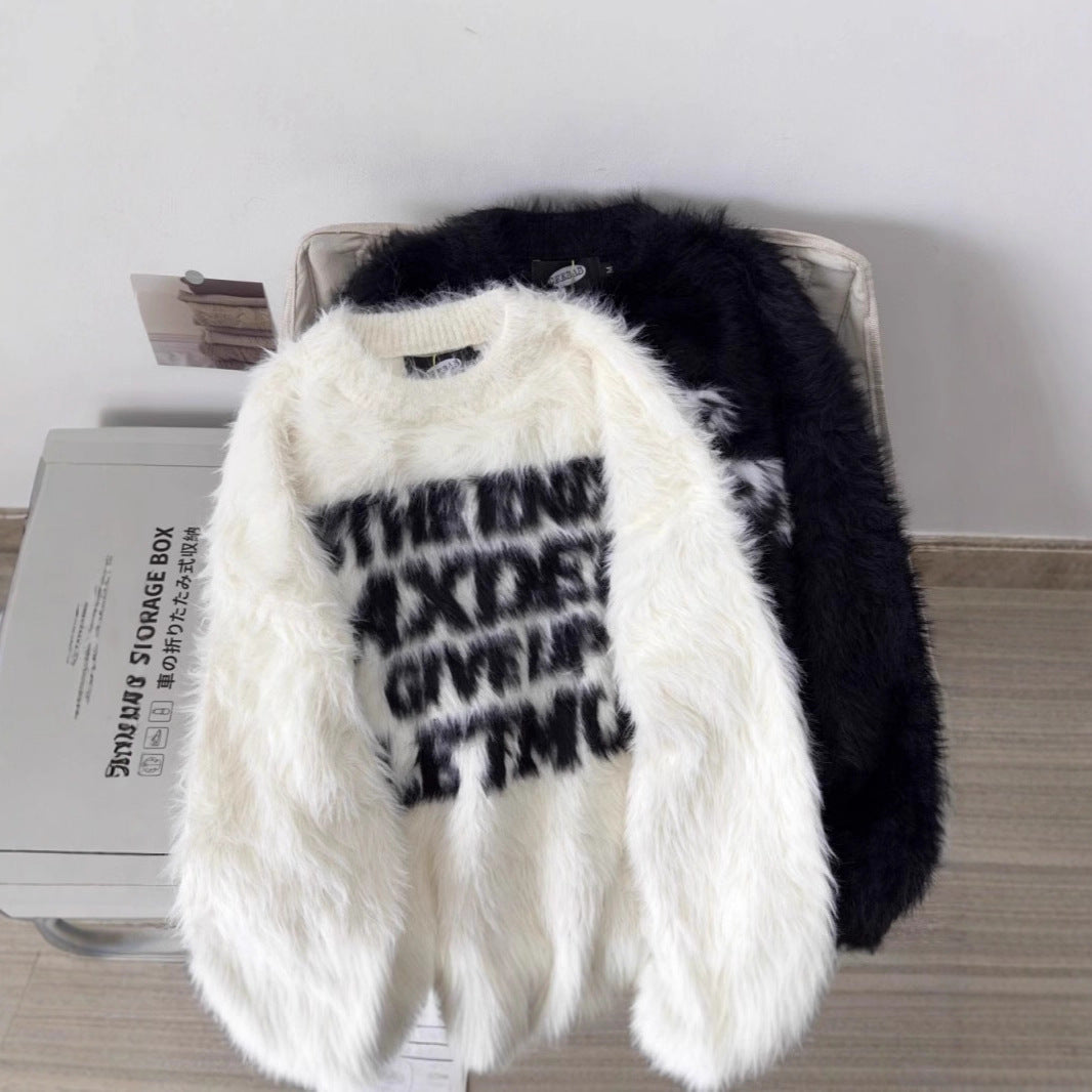 Loose letter imitation mink fur lazy style round neck knitted sweater