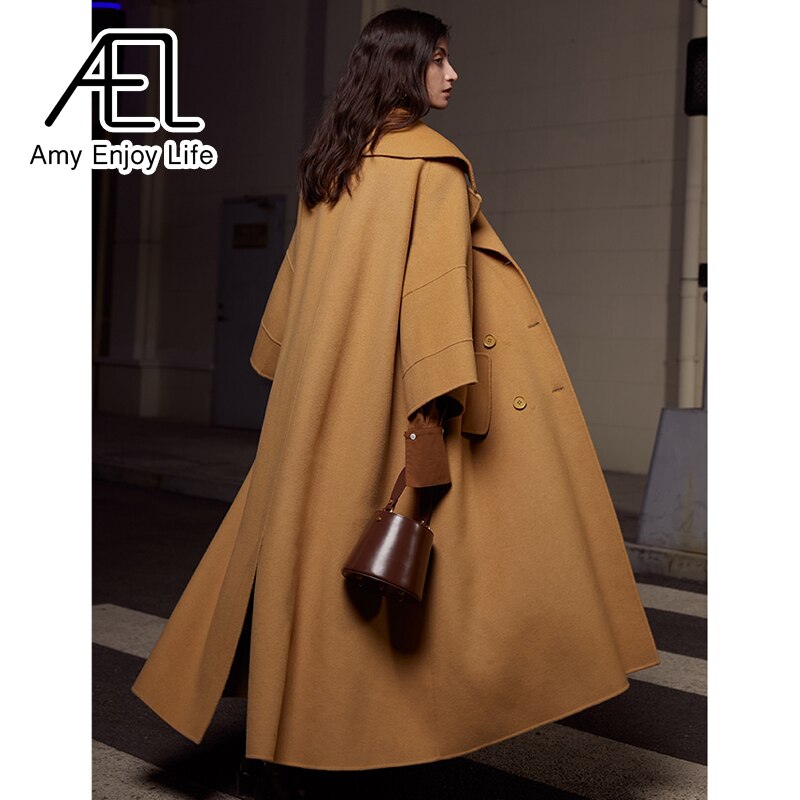 High End Customized Gardenia Yellow Big Cuffs Design Double-Sided Wool Coat Autumn And Winter New Women