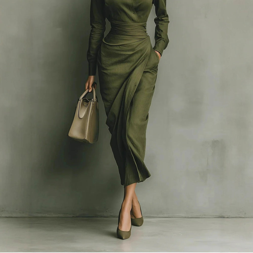 Chic Office-Friendly Fitted Asymmetric Long Sleeve Shirt Dress