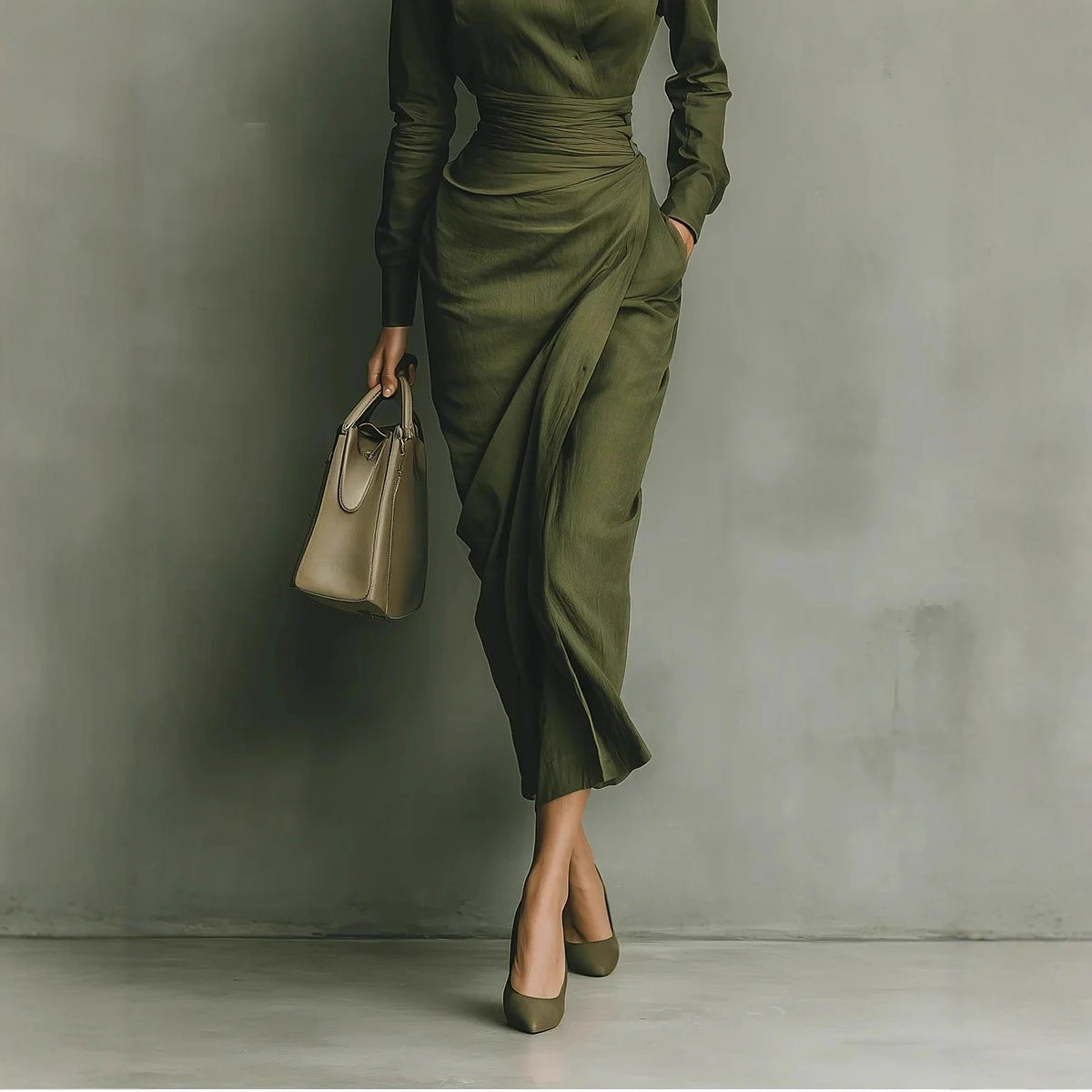 Chic Office-Friendly Fitted Asymmetric Long Sleeve Shirt Dress