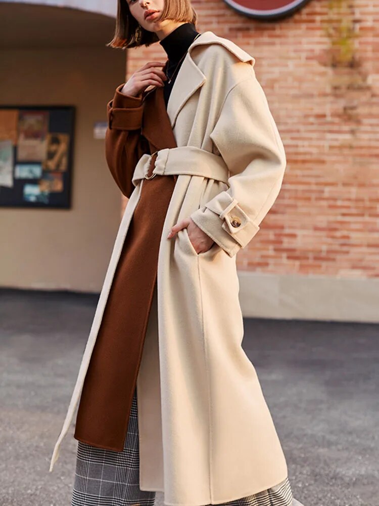 Patchwork Contrast Color Lace-up Wool Coats For Women Vintage Double-side Elegant Overcoat Autumn