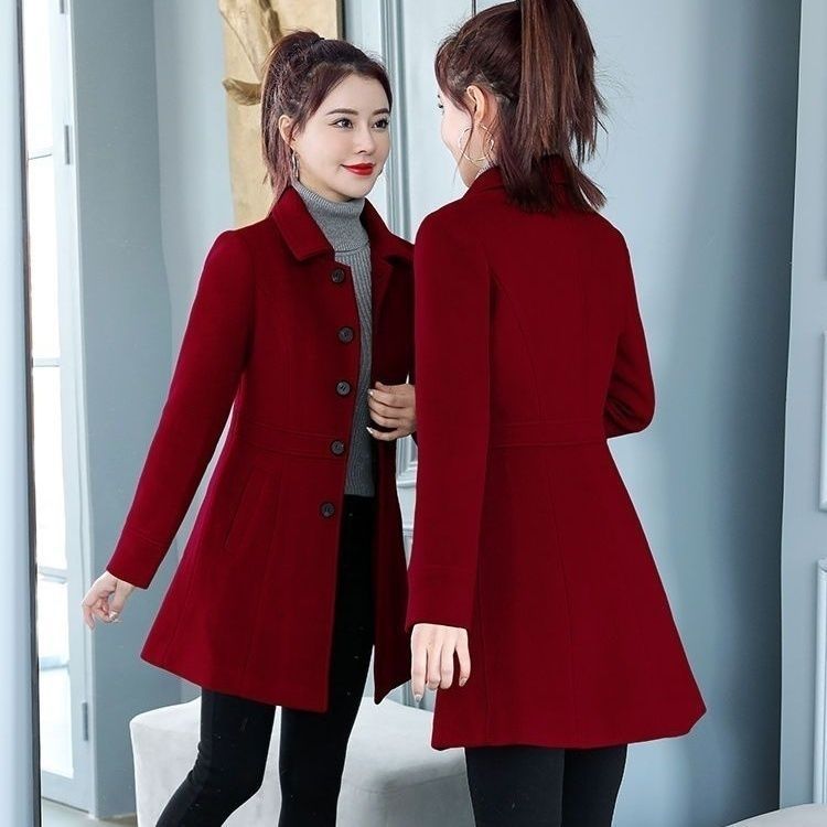 Woolen Coat Women Padded Autumn Winter New Korean Style Slim Fit Medium Length Tweed Coat