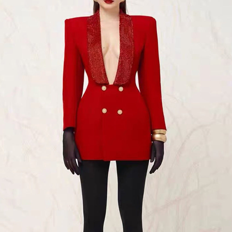 Socialite Style Deep V Green Fruit Collar Backless Heavy Embroidery Suit Coat