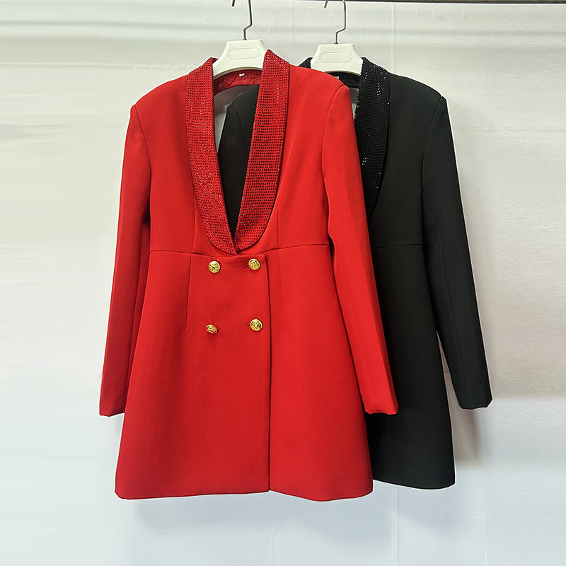 Socialite Style Deep V Green Fruit Collar Backless Heavy Embroidery Suit Coat